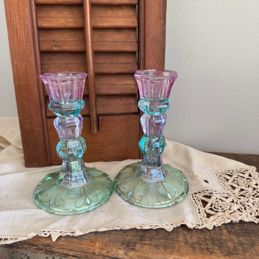 PartyLite Iridescent Pastel Ombre Glass Candlestick Holders Gold Scroll Set of 2